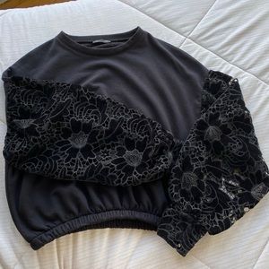 Cropped Sweater with Black Velvet Lace Arms